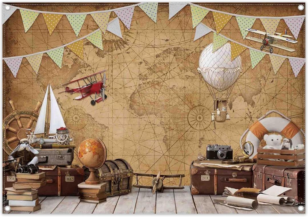 7x5ft Fabric Around World Map Photography Backdrop Adventure Airplane Hot Air Balloon Vintage Background Travel Kids Party Decor Photo Banner