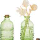 MyGift Vintage Embossed Green Glass Small Reed Diffuser Bottle with Cork Lid, Decorative Flower Bud Vase, Set of 2