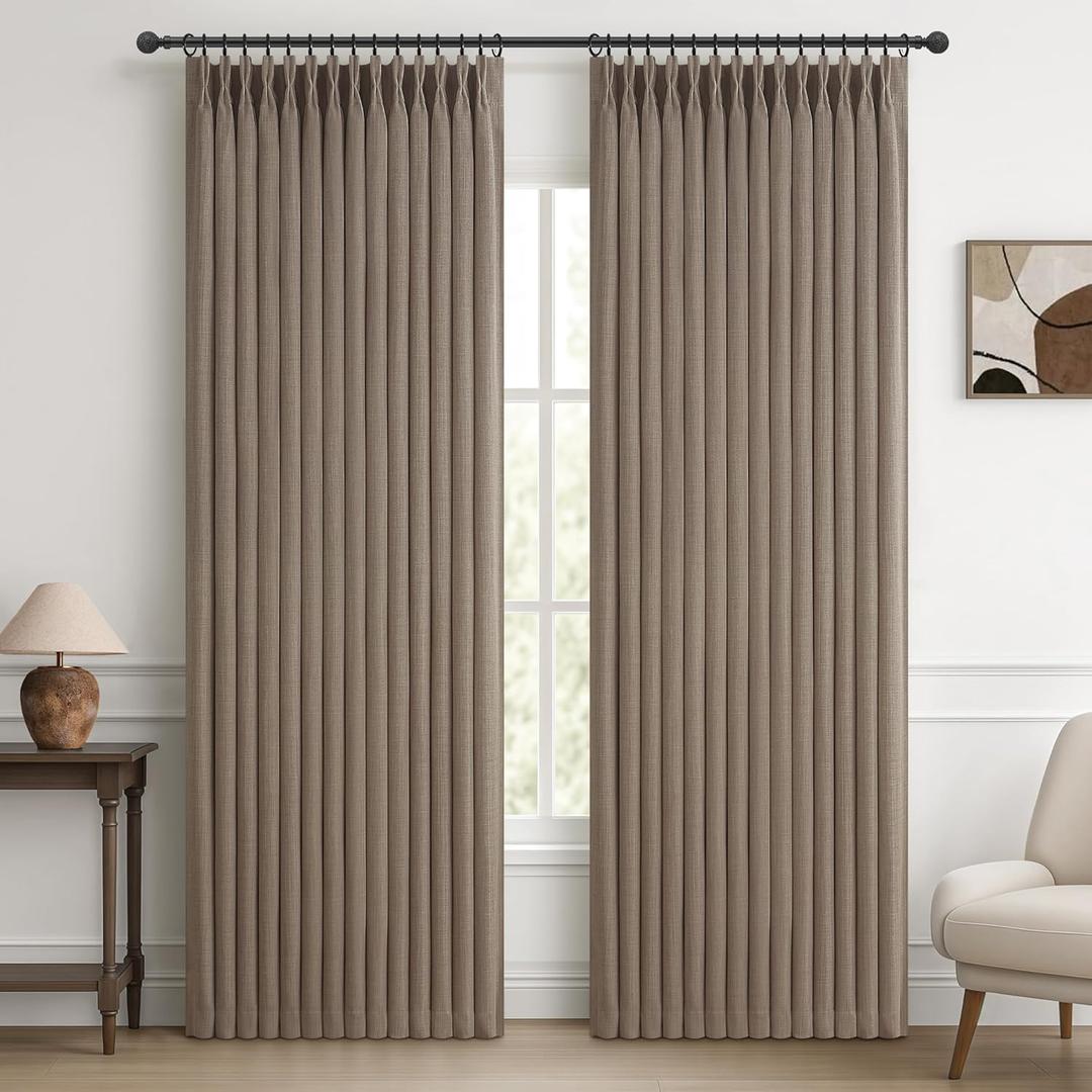 PleatedDrapes Textured Linen Blackout Curtains 90 Inches Long for Dining Room, Pleat Dark Flax Thermal Insulated Window Drapes Room Darkening Floor Length 90 Inch Curtain 2 Panel Set with Metal Rings
