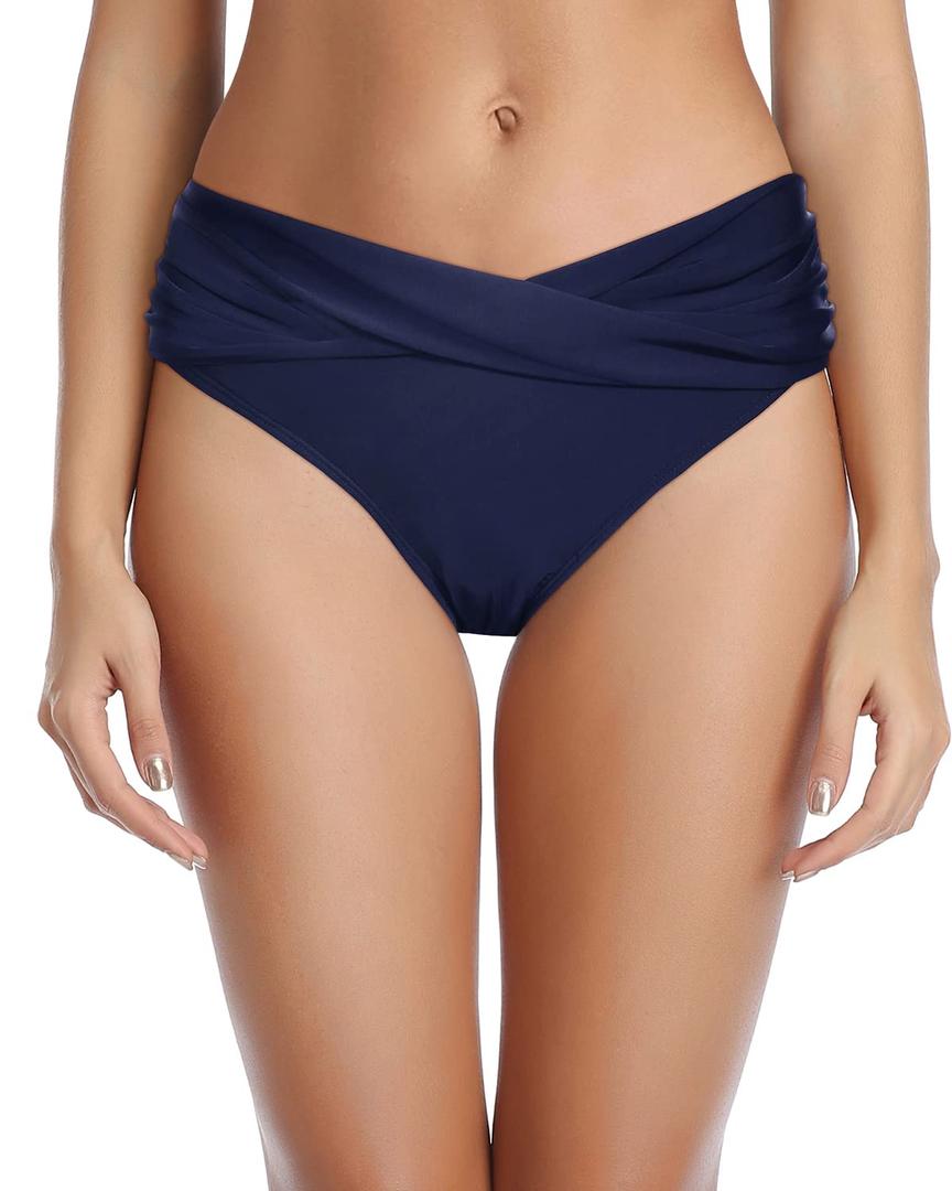 Tempt Me Women Twist Bikini Bottom Moderate High Cut Bathing Suit Bottoms Ruched Swimsuit Bottom (Navy Blue, Medium)