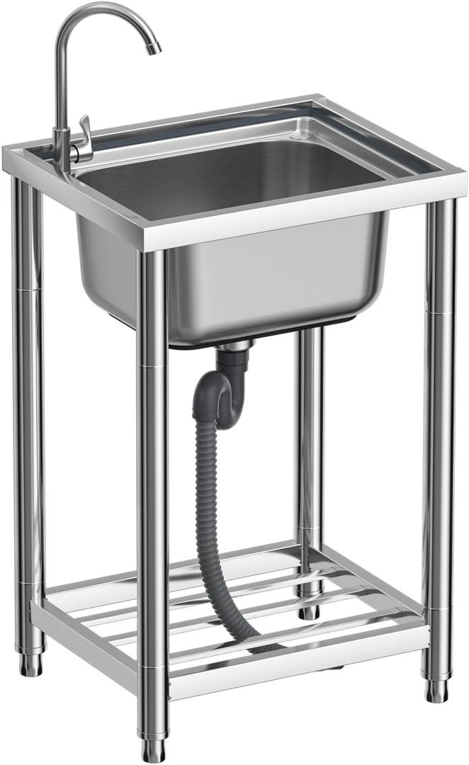 Free Standing Stainless-Steel Single Bowl Kitchen Sink Set with Faucet, Utility Washing Hand Sink for Indoor and Outdoor Use (21.6"D x 17.7"W x 31.5"H)