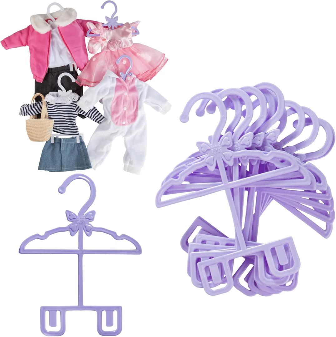 Doll Full-Outfit Clothes Hangers for 18" Dolls - 12pk - Compatible w American Girl- Unique Design Holds Your Top & Bottom at Once Including Dresses, Pants, Shirts, Skirts- Purple