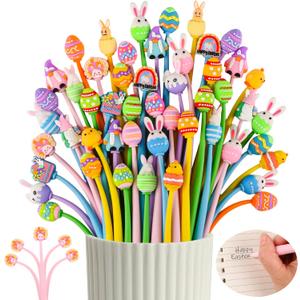LiYiQ 50 PCS Easter Stress Relief Bobblehead Pens Fun Cute Pen Fidget Pens Kawaii Easter Eggs Rabbit Chicken Rainbows Gnome Shape Pen for Classroom Prizes, Office Supplies