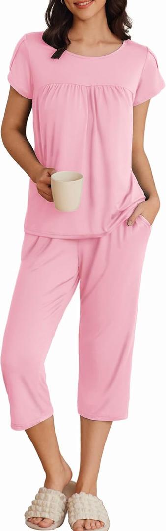 Ekouaer Womens Pajama Set Short Sleeve Sleepwear Pleated Floral Pjs Set Capri Pants Lounge Sets with Pockets (Medium, Deep Pink)