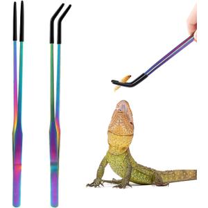 2 x OLIISS Stainless Steel Reptile Feeding Tongs with Rubber Tip - 10.6" Straight & Curved Tweezers for Aquariums & Crafts - Feeder Tools for Bearded Dragons & Lizards - Terrarium Tank Supplies - 2 Pack