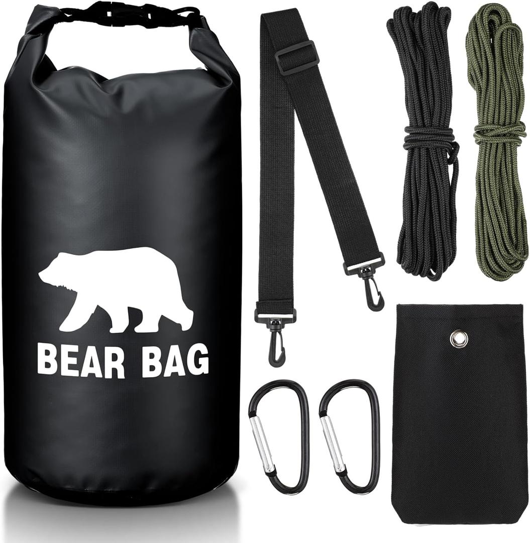 1 Set Bear Food Bag for Camping Ultralight Food Hanging System Includes Waterproof Bear Bag, Nylon Ropes, Hooks for Camping Backpacking (Black)