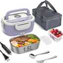 Vabaso Electric Lunch Box Food Heater, Electric Heating Lunch Boxes Lunch for Adults/Men/Car/Truck, 80W 1.5L Removable 304 Stainless Steel Container, 110V/12V/24V, with Fork & Spoon (Light Purple)