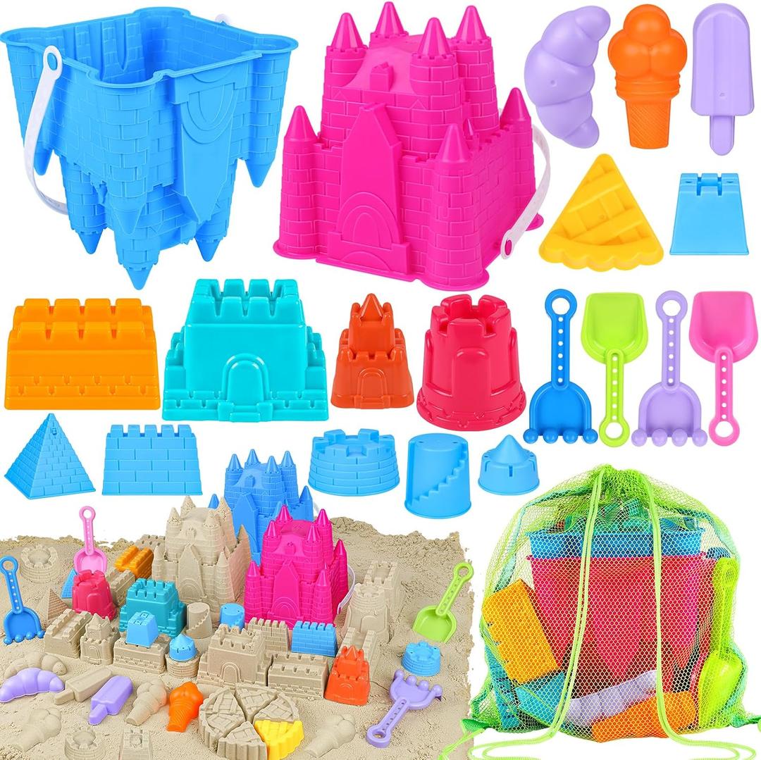 FUSPWEAO Beach Toys Sand Toys for Kids, Sand Castle Toys for Beach with 2 Castle Bucket and Mesh Bag, Sand Molds, Shovels and Rakes, Sandbox Toys for Toddlers, Travel Beach Toys for Kids 3-10