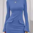 PRETTYGARDEN Womens Fall Long Sleeve Mini Dress 2025 Trendy Boat Neck Bodycon Knit Elegant Short Party Formal Dresses (Blue, L)