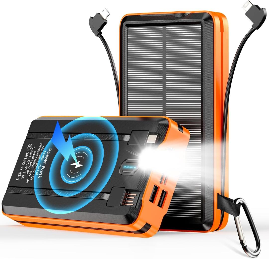 Portable Charger Solar Power Bank 52800mAh 5V/3A Fast Charging Battery Pack with Built in 4 Cables 2 Outputs & LED Flashlight for Cell Phone Camping and Hiking (Orange)
