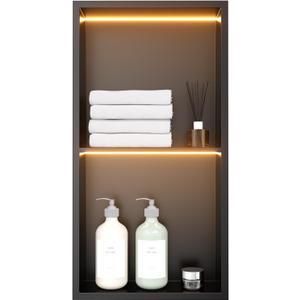 12" X 24" Stainless Steel Shower Niche with LED Lights, Matte Black Double Shelves Recessed Shower Niche No Tile Needed for Bathroom/Bedroom Storage, W12" x H24"