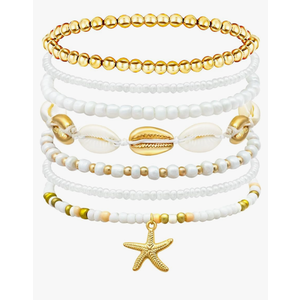 Shell Summer Beach Bracelets for Women Seashell Bracelets Boho Layered Beaded Bracelets Set Starfish Bracelets Handmade Stretch Bracelets Summer Beach Jewelry Accessories Gifts