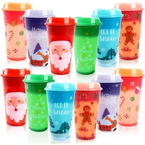 12pcs Christmas Color Changing Hot Cups with Lids, 16Oz Plastic Reusable Hot Coffee Cups for Adults Kids Winter Christmas Holiday Birthday Party Cups Tumblers