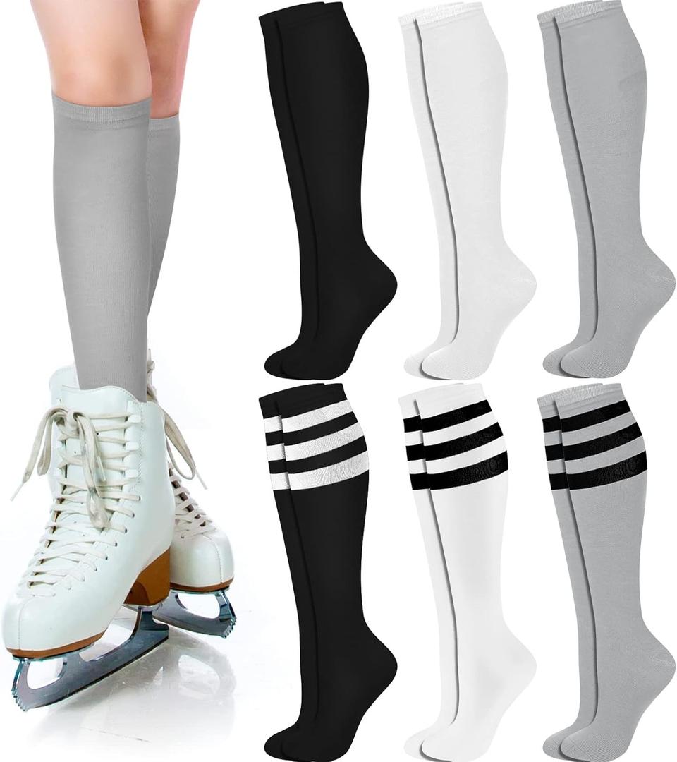 Unittype 6 Pair Roller Skate Socks Colorful Striped Knee High Socks Sport Long Tube stockings for Women Men Easter Gift (Classic Color)