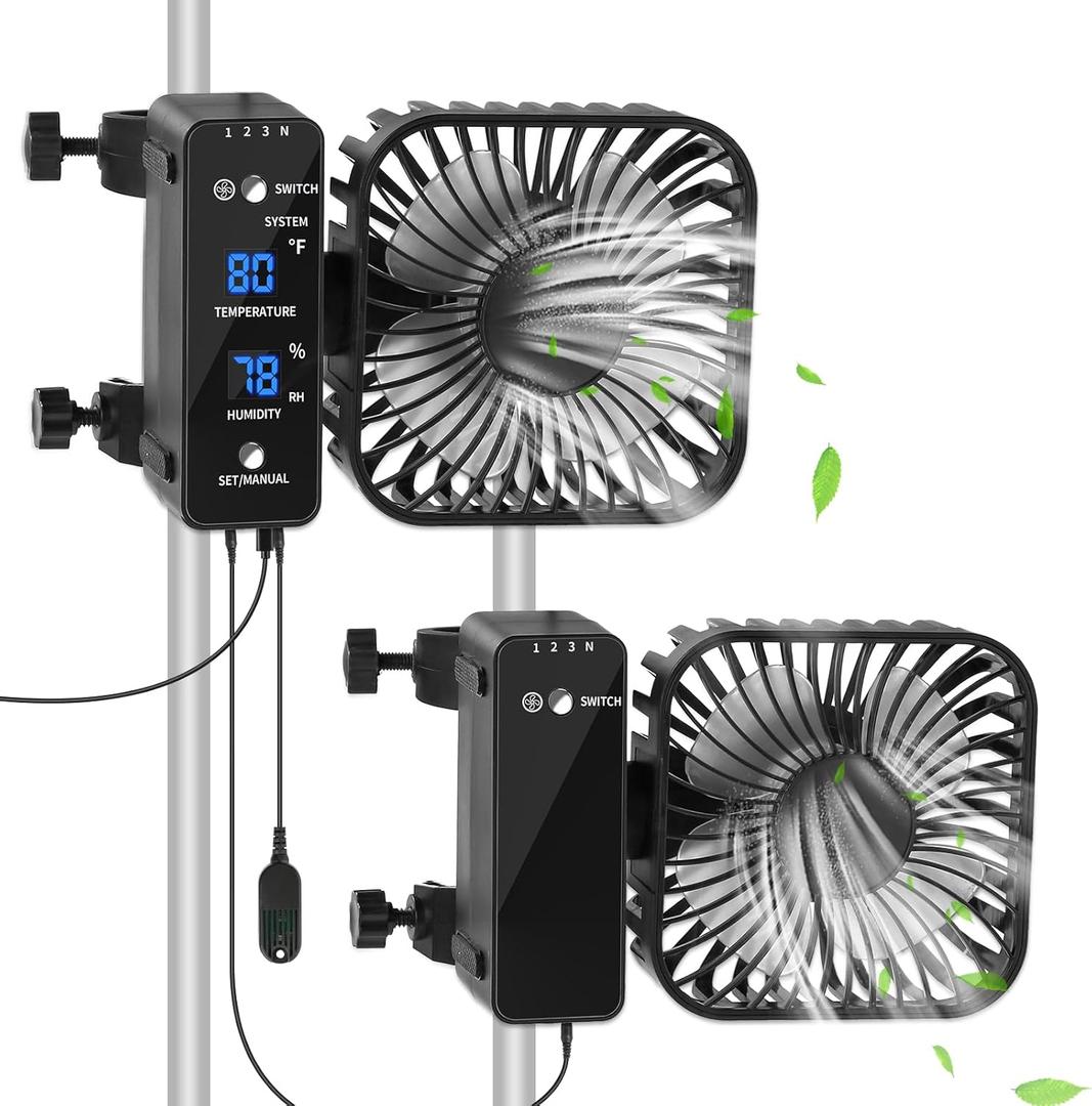 2-Pack 4 Grow Tent Fan With Temperature And Humidity Meter,Automatic Humidity Control,Oscillating Fan For Hydroponic Ventilation Circulation With Clips,Adjustable Speed Quiet Greenhouse