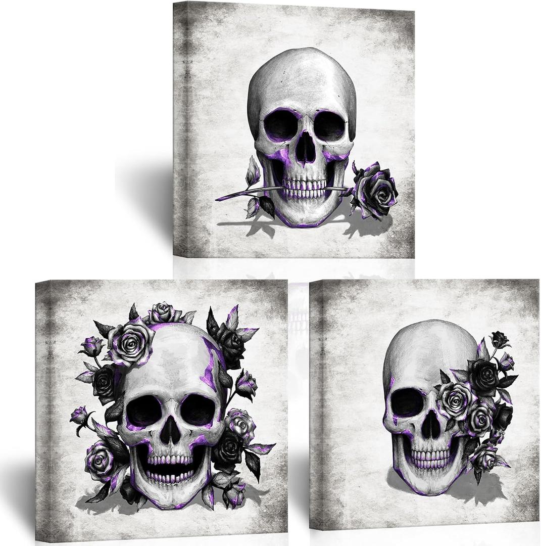 Artsbay Grey Skeleton Wall Art Skull and Rose Pictures Paintings Rustic Gothic Home Decor for Living Room Bedroom Bathroom 12" x 12" x 3PCS