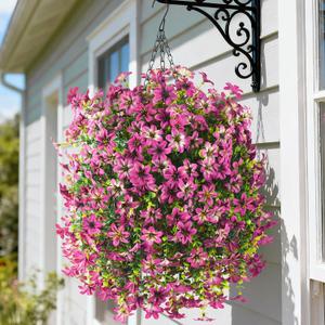 Artificial Hanging Baskets Outdoor, 4 Bundles Artificial Hanging Flowers Outdoors Spring Summer Decoration, No Fade Realistic Fake Hanging Baskets for Porch Patio Balcony Home Yard Decor