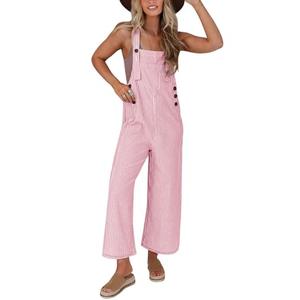 PRETTYGARDEN Overall Jumpsuit For Women 2025 Summer Casual Wide Leg Sleeveless Button Striped Jumpsuits Cute Romper Trendy Outfits (Pink Striped,XXL)