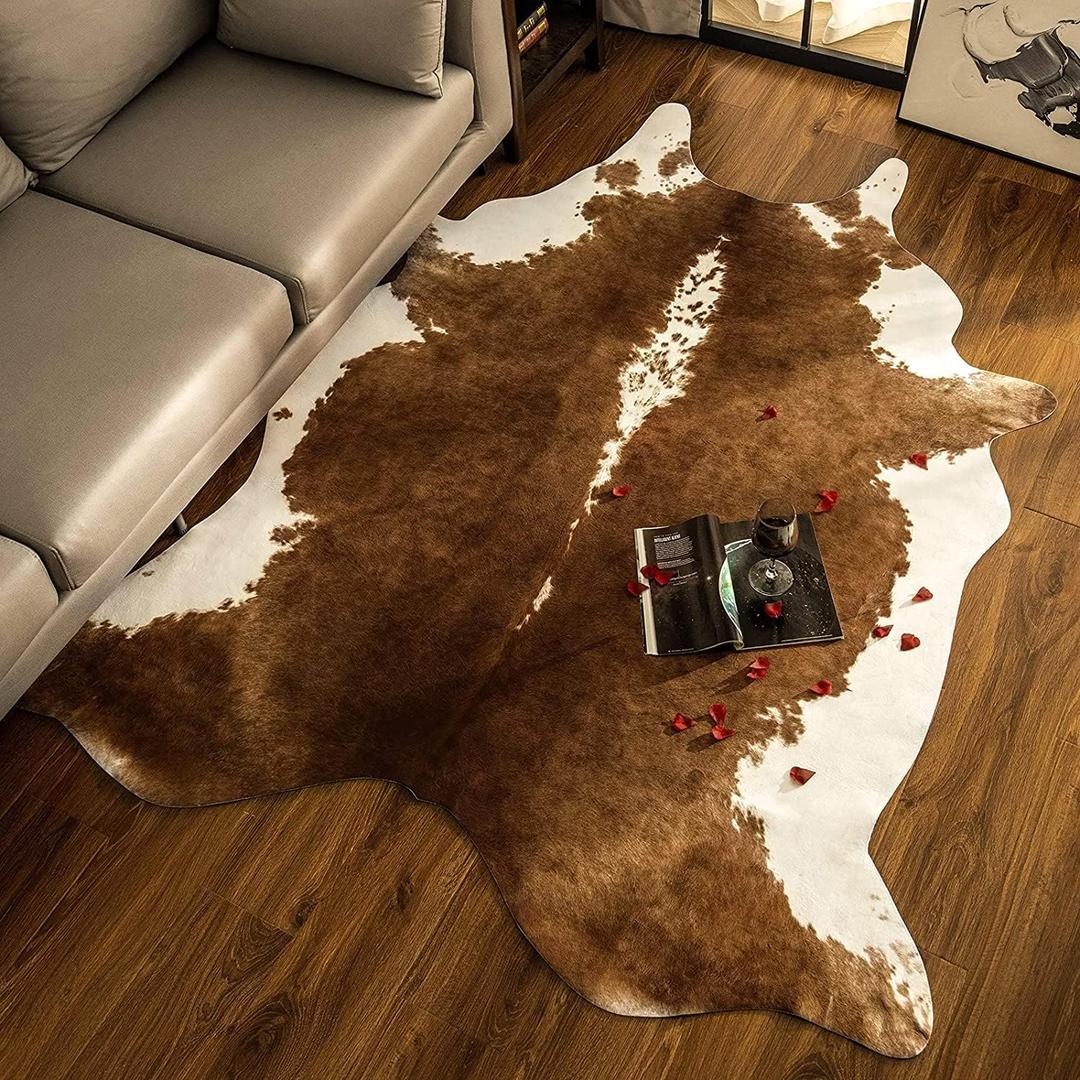BENRON Premium Cowhide Rug Large, Faux Cow Hide Rugs for Living Room Bedroom Western Home Decor, Non Slip Cute Rug with Irregular Animal Skins and Hides, Khaki Brown, 6.2 x 7ft (Caramel)