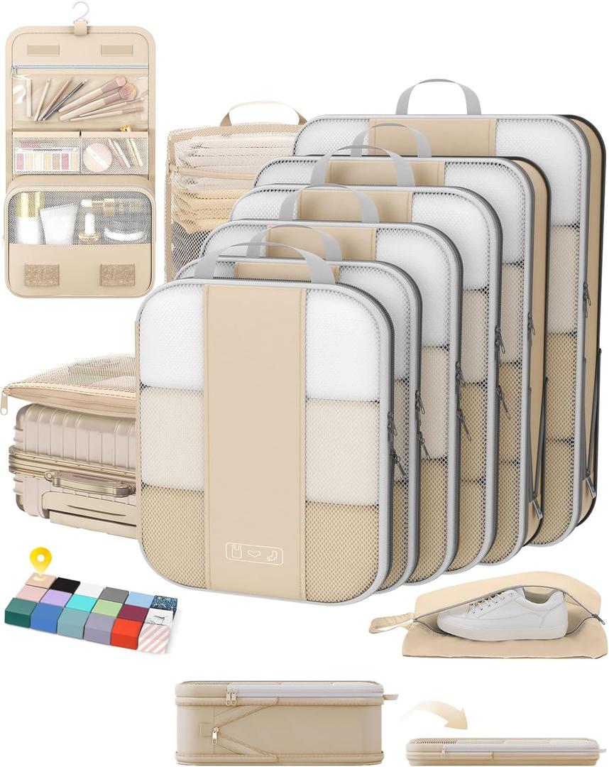 10 Set Compression Packing Cubes for Travel Gifts Women Mom,OlarHike Luggage Clothes Organizer for Travelers,Airplane/Cruise/Car/Train Travel Essentials,Compressible Expandable Saver Space Bags(Beige)