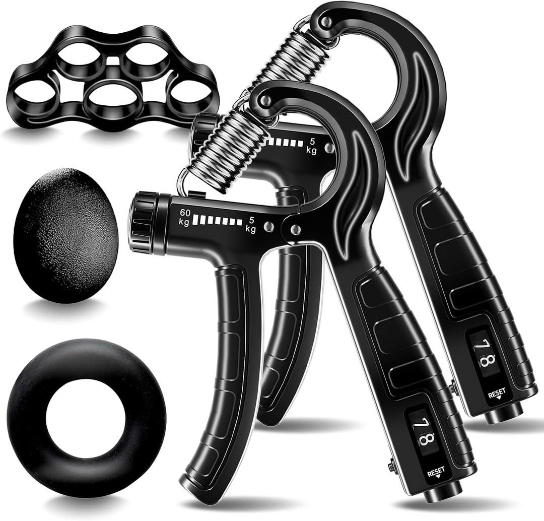 Grip Strength Trainer, Hand Gripper Strengthener Set 5-Pack: Adjustable Hand Gripper (2-Pack) with Click Counter, Finger Stretcher Stress Relief Grip Ball& Grip Ring 11-132 lbs Forearm Strengthener for Athletes, Rock Climbing, forearm strengthener