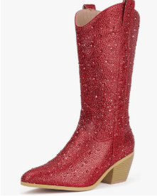 IDIFU IN3 Rhinestone Cowboy Boots for Women Mid Calf Sparkly Western Cowgirl Pointed Toe Booties Low Block Chunky Heel Glitter Country Cute Zipper Dress Booties Wedding Party Bling Shiny Boots Size 9.5