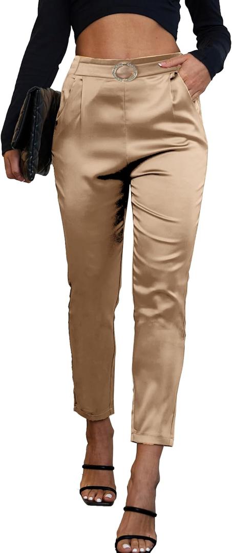 Women's Satin Pants Dress Casual Party Wedding Night Pull on High Waist Pants (Medium)