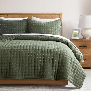 WDCOZY Queen Size Quilts Bedding Sets with 2 Pillow Shams, Lightweight Soft Bedspread Coverlet, Quilted Blanket Thin Comforter Bed Cover for All Season, 3 Pieces, 90x90 inches, Moss Green