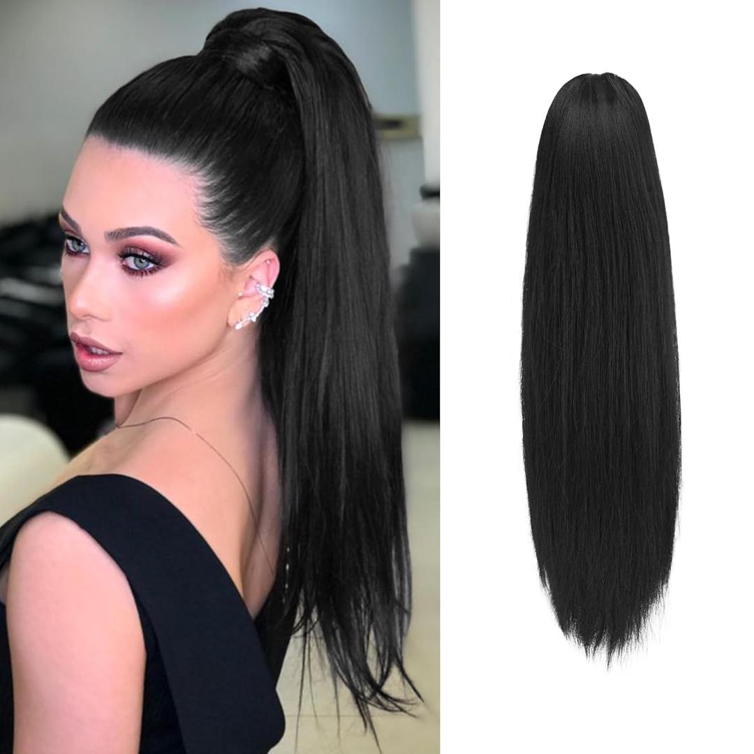BARSDAR Short Straight Ponytail Extension - 16 Inch Drawstring Black Ponytail Hair Extensions for Women - Synthetic Fake Pony Tails Hairpieces Clip in Straight Ponytails Daily - Natural Black