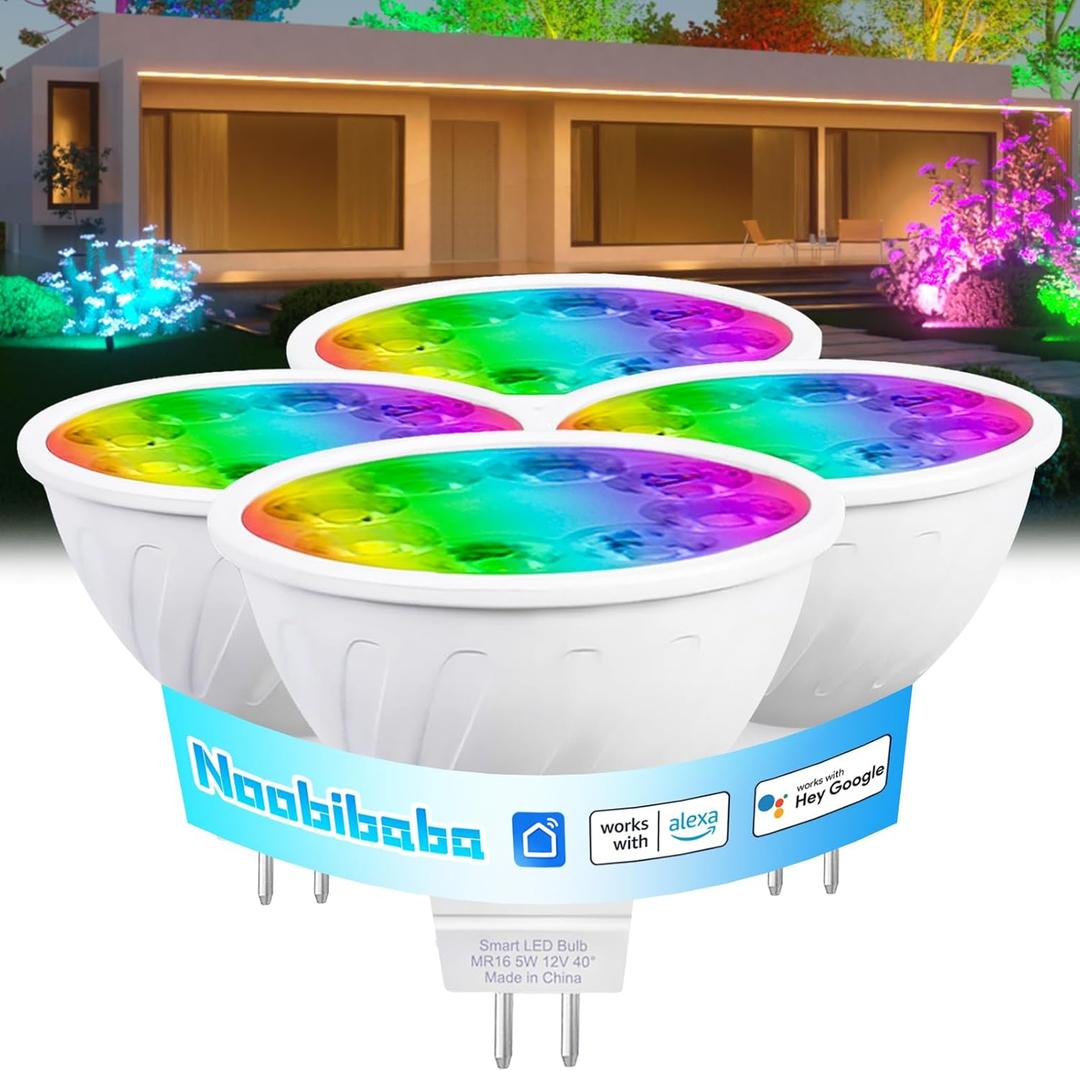 Noobibaba MR16 LED Bulb Color Changing MR16 Smart LED Bulb Wifi Color Changing Light Outdoor Compatible With Alexa Google Assistant, 16 Million Colors Rgbcw, 2.4Ghz Wifi & Bluetooth, Music Sync,4Pack