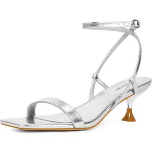 Midatope Women's Low Kitten Heels Strappy Open Square Toe Ankle Strap Sexy Fashion Comfort Dress Shoes Party Heeled Sandals 7.5 Silver