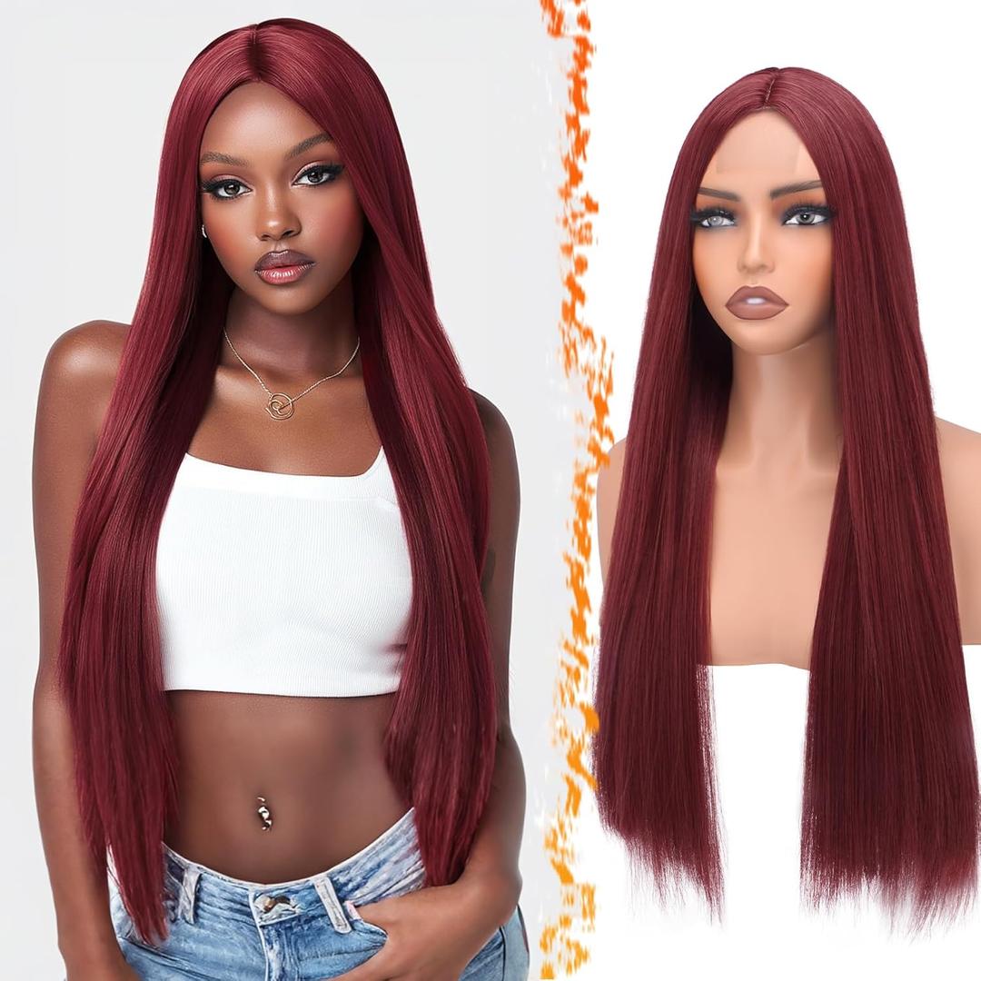 BARSDAR Long Straight Burgundy Red Wig - Long Straight Middle Part Burgundy Red Wig for Women - 28 Inch Natural Looking Thick Soft Synthetic Hair Replacement Wigs Daily Party Halloween Costume Wigs