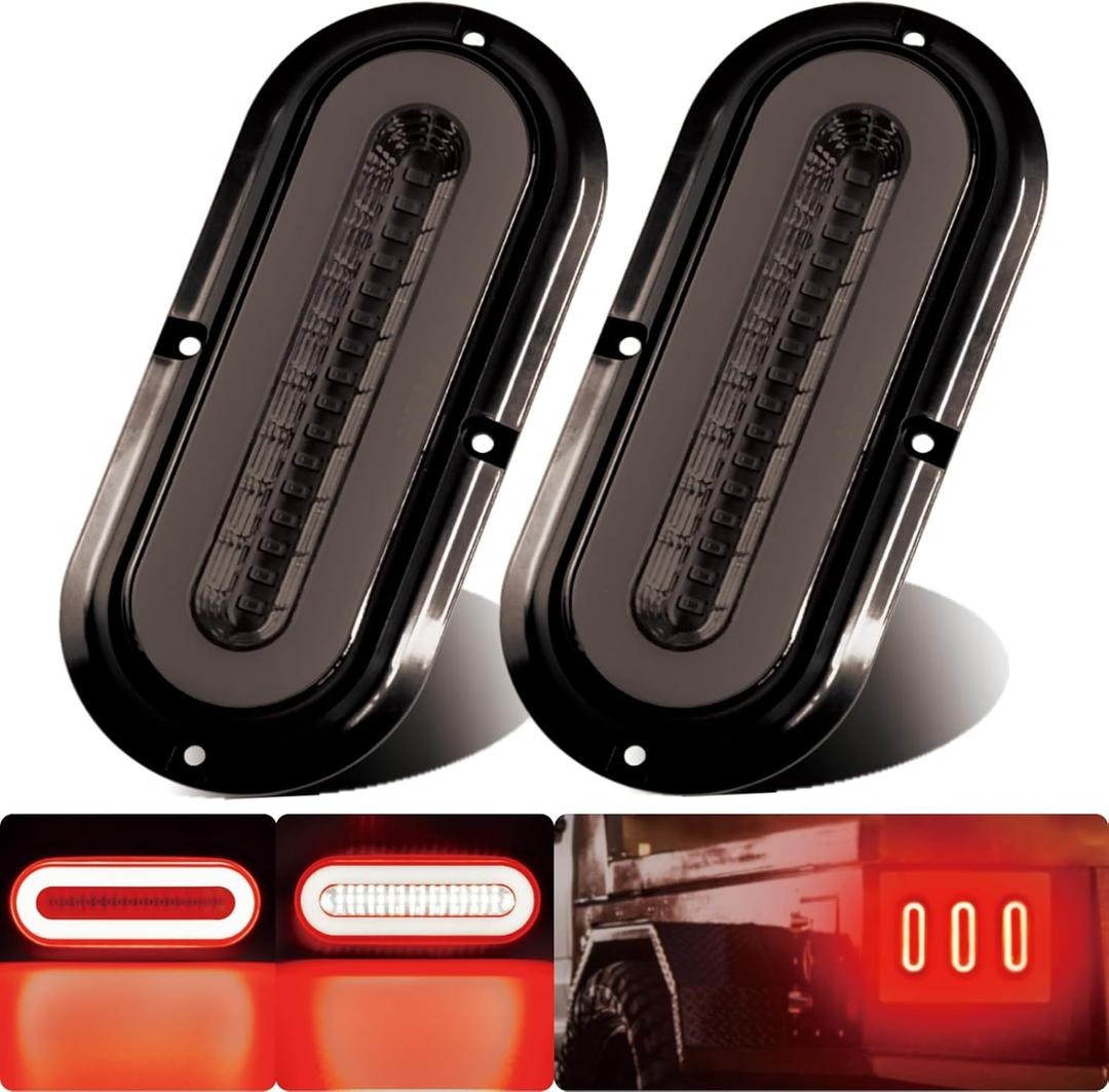 2Pcs 6" inch Smoked Lens Oval Red Halo 52 LEDs Trailer Lights w/Flange Surface Mount Brake Stop Running Turn Signal Tail LightPatented Submersible IP67 for Boat Truck/RV/Van, DC 12V