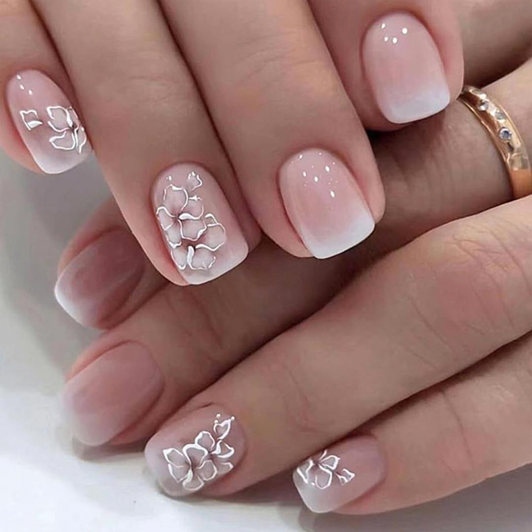 Mivota French Press On Nails Short Square White Nude Gradient False Nails Delicately Adorned with White Silver Flowers Reusable Glue On Nails for Women Kit 24Pcs
