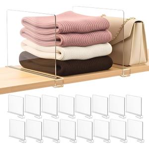 SortNStore Shelf Dividers Purse Organizer for Closet: 16-Pack Acrylic Bag Storage Organizer for Handbags, Clutches, Clothes, Sweater, Towel on Wood Shelves (Standard: 8" Tall x 12" Deep)