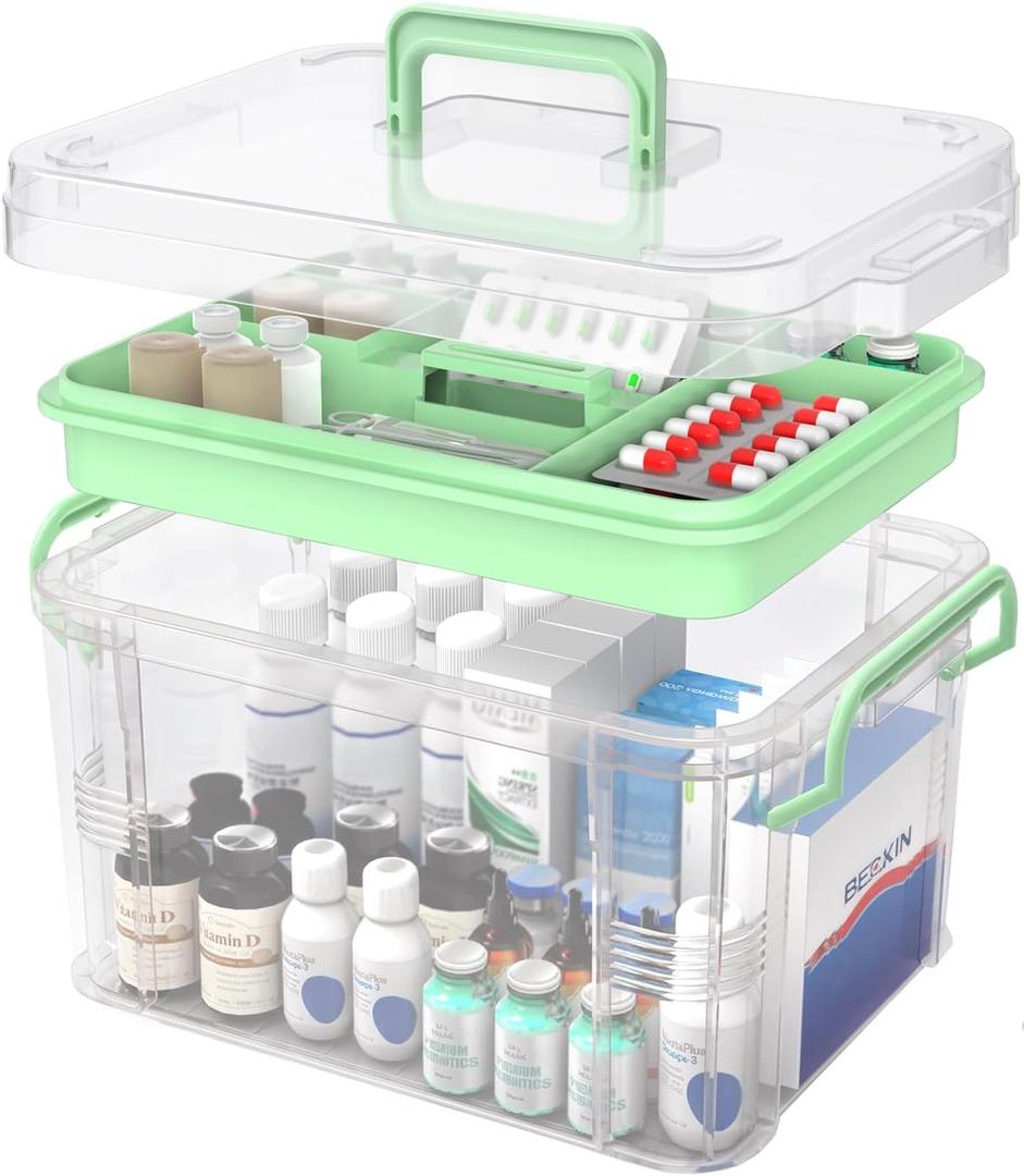 NZYNZY 15QT Clear Medicine Organizer Storage Box with Handle Medicine Container with Tray, Thickened Plastic Empty First Aid Box, Multipurpose Medical Medication Caddy Container Chest