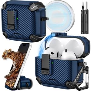 Inesore Compatible with AirPods 4th Case with Phone Stand & Cleaning Kit,Compatible with Magsafe,Magnetic Automatic Lock for Airpods 4 with Active Noise Cancellation Charging Cover (2024) (Dark Blue)