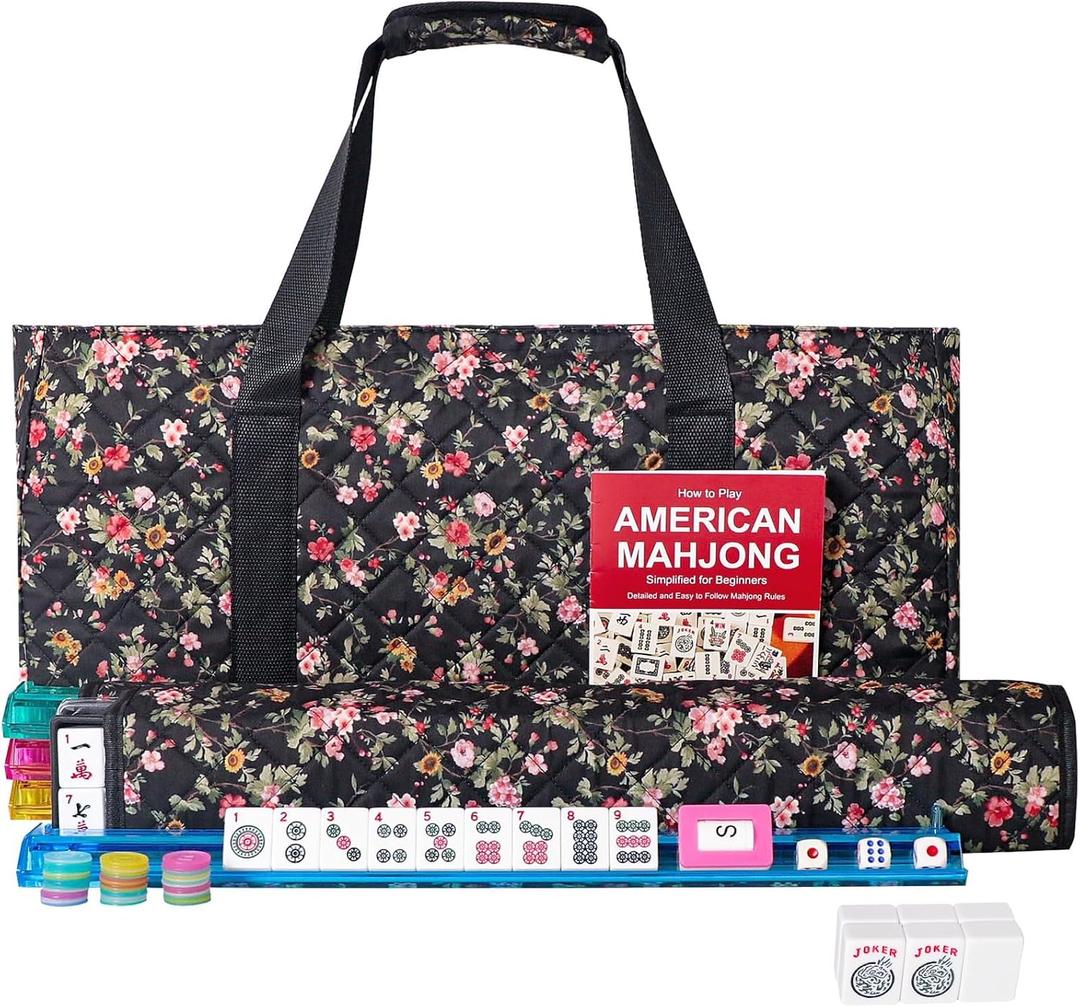 American Mahjong Game Set, 166 Premium White Tiles, 4 All-in-One Color Rack/Pushers, Complete Mahongg Tile SetFlower Printed Carrying Bag (Rectangular, Black), 8 inches x 15 inches x 2 inches