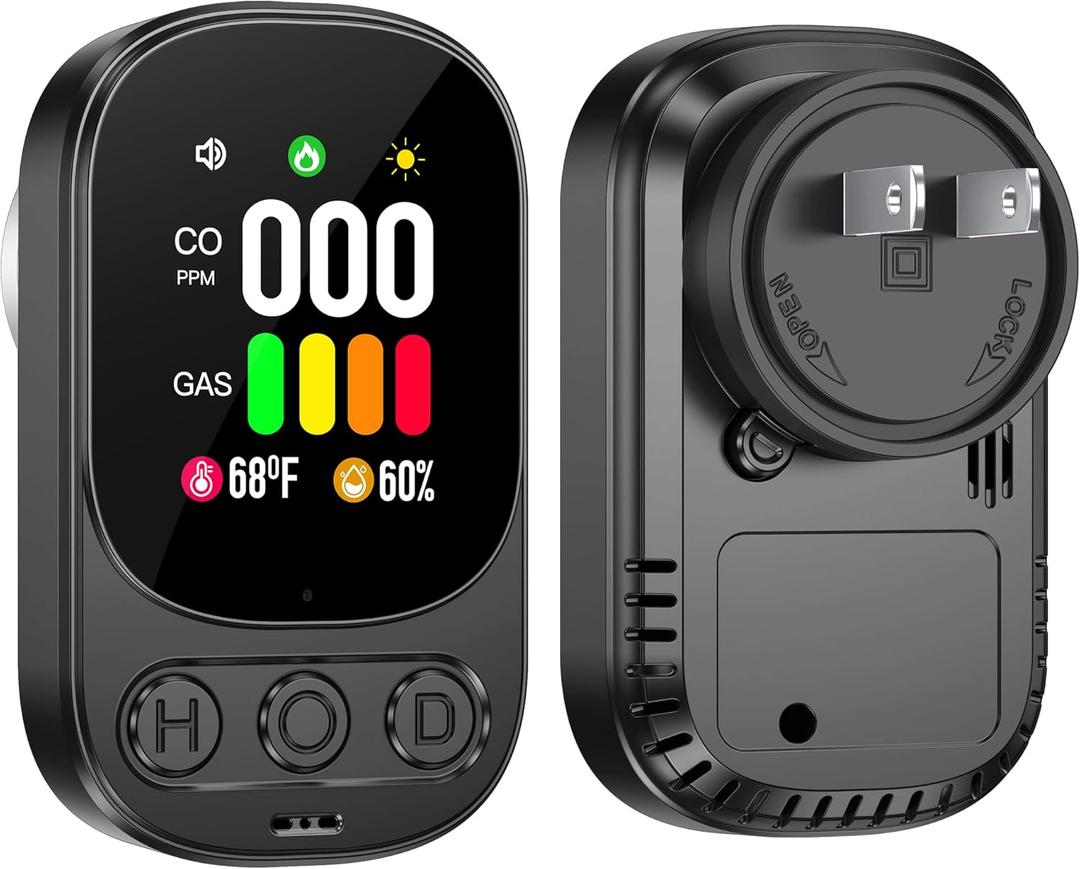 4in1 Plug in Carbon Monoxide Detector & Natural Gas Combination with 2.1'' HD Screen [CO Gas Temp Humidity] Propane Methane Combustible Gas Alarm (Black, 1 Pack)