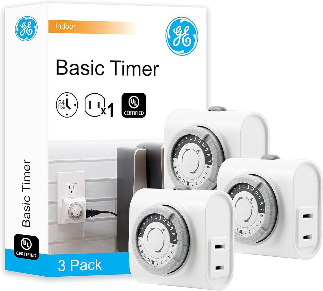 GE Mechanical Polarized Outlet Timer, Single Plug with 2 Prongs, 24 Hour Cycle, Indoor Use for Lights, Lamps, Fans, Appliances, Christmas Tree, 3 Pack, 44801