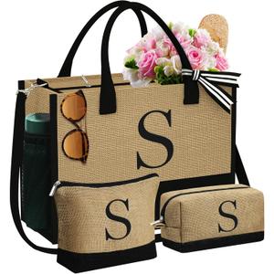 YOOLIFE Mothers Day Gifts - Initial Jute Tote Bag & 2 Makeup Bags Personalized Gifts for Women Teacher Mom Friend Birthday
