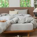 MooMee Striped Duvet Cover Set 100% Washed Cotton Linen Like Textured Breathable Durable Soft Comfy (Heathered Green Pinstripes, King 104"x90")