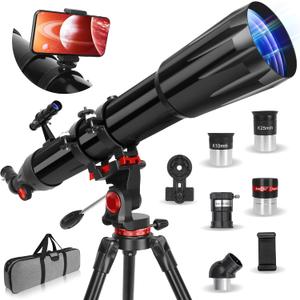 Telescope,Telescope for Adults High Powered, 90mm Aperture 900mm Professional Refractor Telescopes for Kids & Beginners, Magnification 450X,for Planet Observation with Stainless Tripod & Phone Adapter (90900-Black)