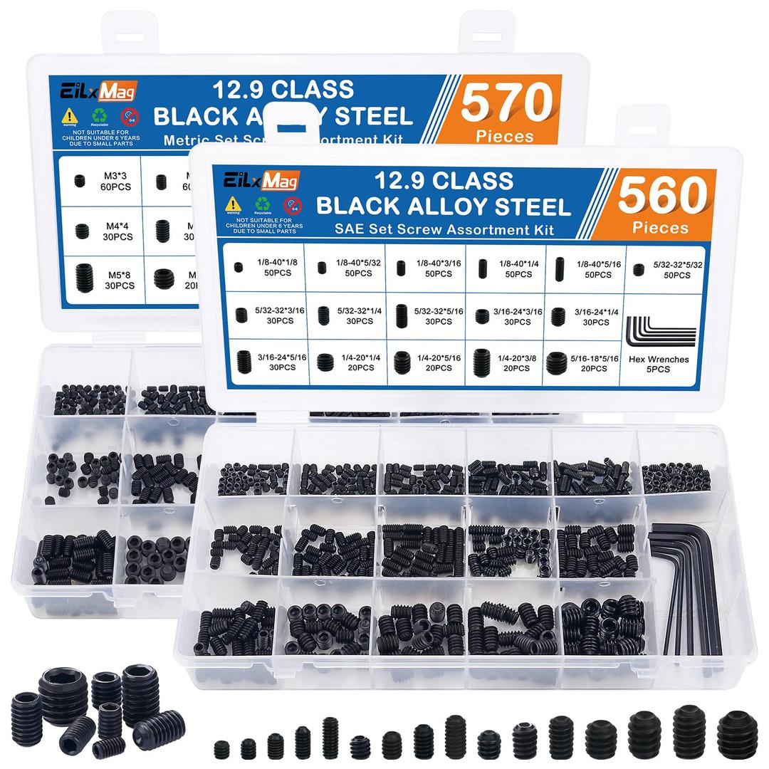 1130PCS Set Screws, 32 Sizes Metric & SAE Set Screw Assortment Kit, Allen Head Socket Hex Grub Screws for Bathroom Fixtures, Door Handles, Alloy Steel Black (M3-M8, 1/8"-40 to 5/16"-18)