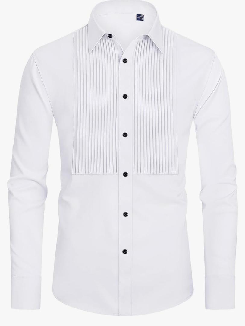 J.VER Men's Tuxedo Shirt Formal Dress Shirt Pleated Long Sleeve Button Down Shirts for Prom Party Wedding, M