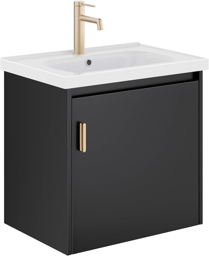 phiestina 20 Inch Floating Small Bathroom Vanity, Pre-Assembled Wall Mounted Black Cabinet with Soft-Close Door,Single Hole Ceramic Sink, Modern Space-Saving Design, No Faucet,BV04-20-PUREBLACK