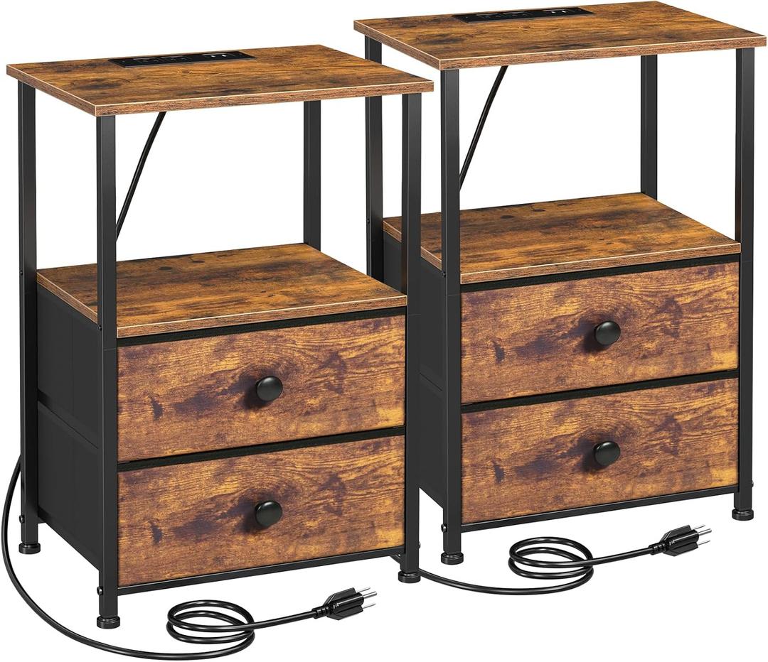 LOAKEKEL Night Stand Set 2, Nightstand with Charging Station, End Tables with Storage Shelf for Small Spaces, Bedside Table Side Tables with 2 Fabric Drawers for Bedroom, Rustic Brown, HETS020PBR, 15.35''w X 11.41''d X 23.3''h