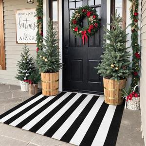 Collive Black and White Outdoor Rug 3'x 5', Hand Woven Washable Striped Outdoor Christmas Rug, Farmhouse Front Porch Rug Decor, Welcome Layered Door Mats for Front Door Entryway Patio Kitchen