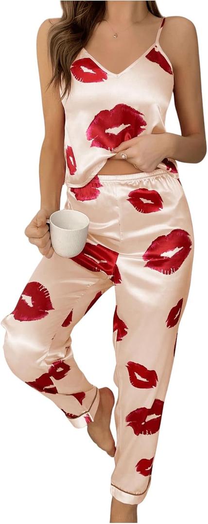 WDIRARA Women's 2 Pieces Lip and Heart Print Sleepwear Bow Cami and Pants Pajama Set (Medium, Beige Red)