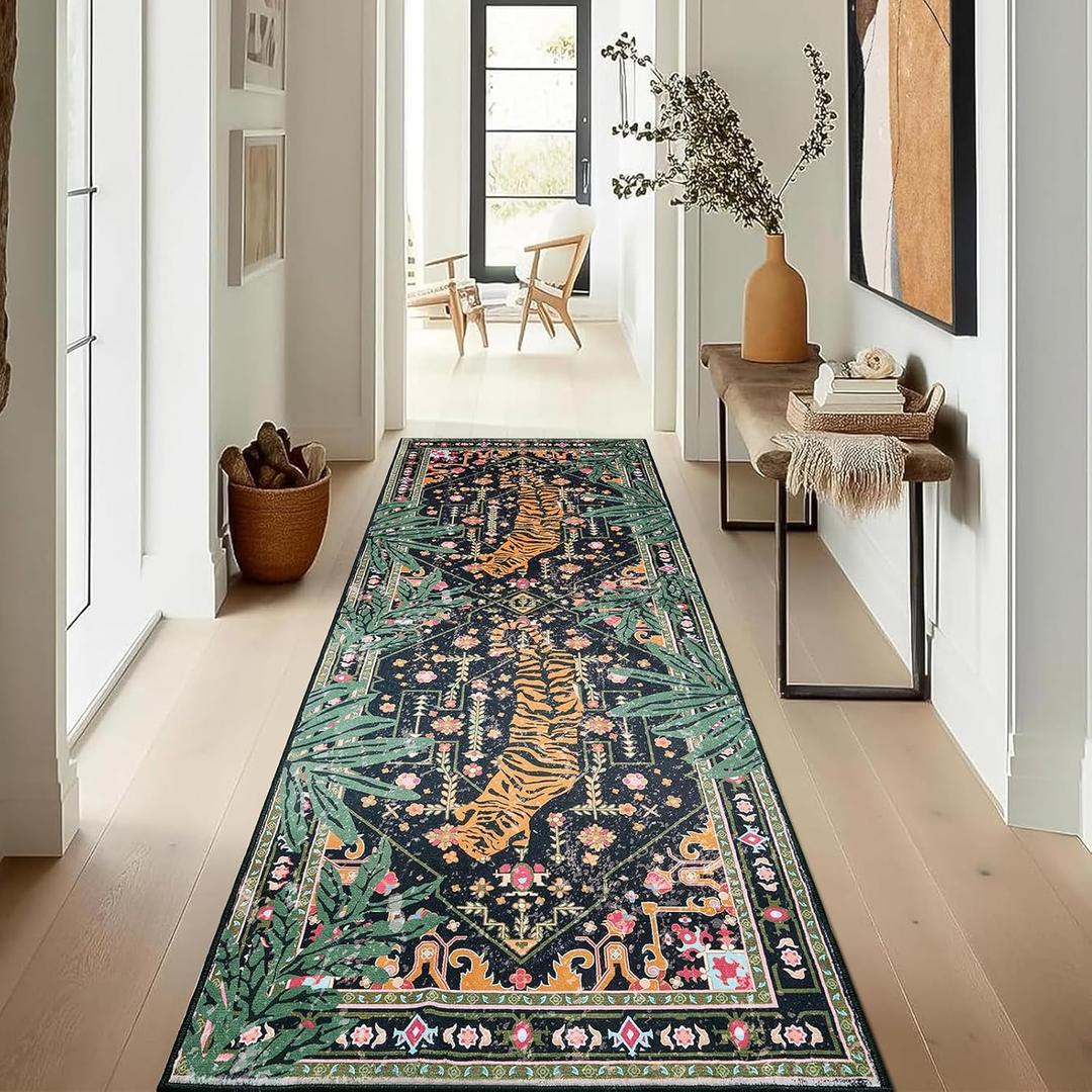 Oriental Tropical Hallway Runner Rug 2x6 Washable, Thin Stain Resistant Black Boho Runner Rug for Entryway Kitchen Bedroom Laundry, Vintage Abstract Hippie Botanical Long Floor Carpet